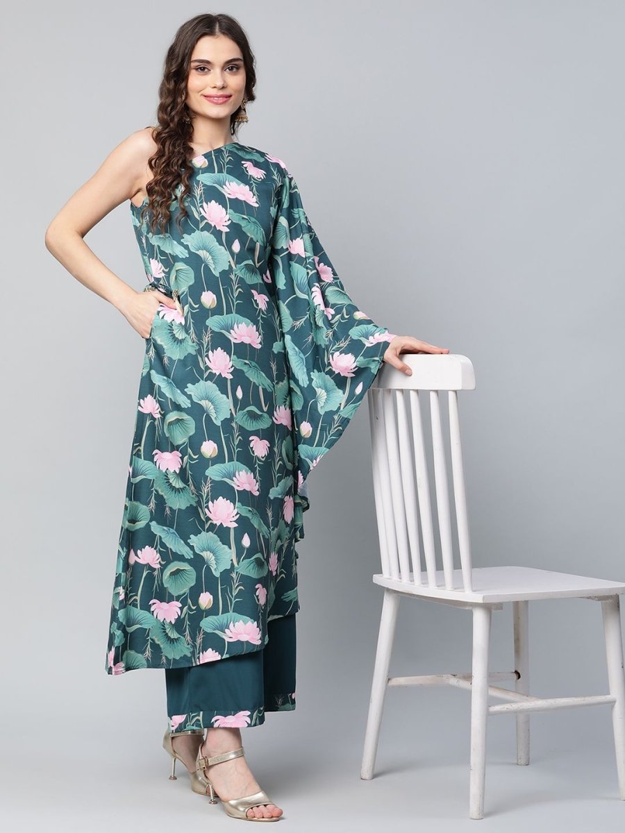 Ahalyaa Women Green Crepe Floral Printed Kurta with Palazzo Set | Grocsy