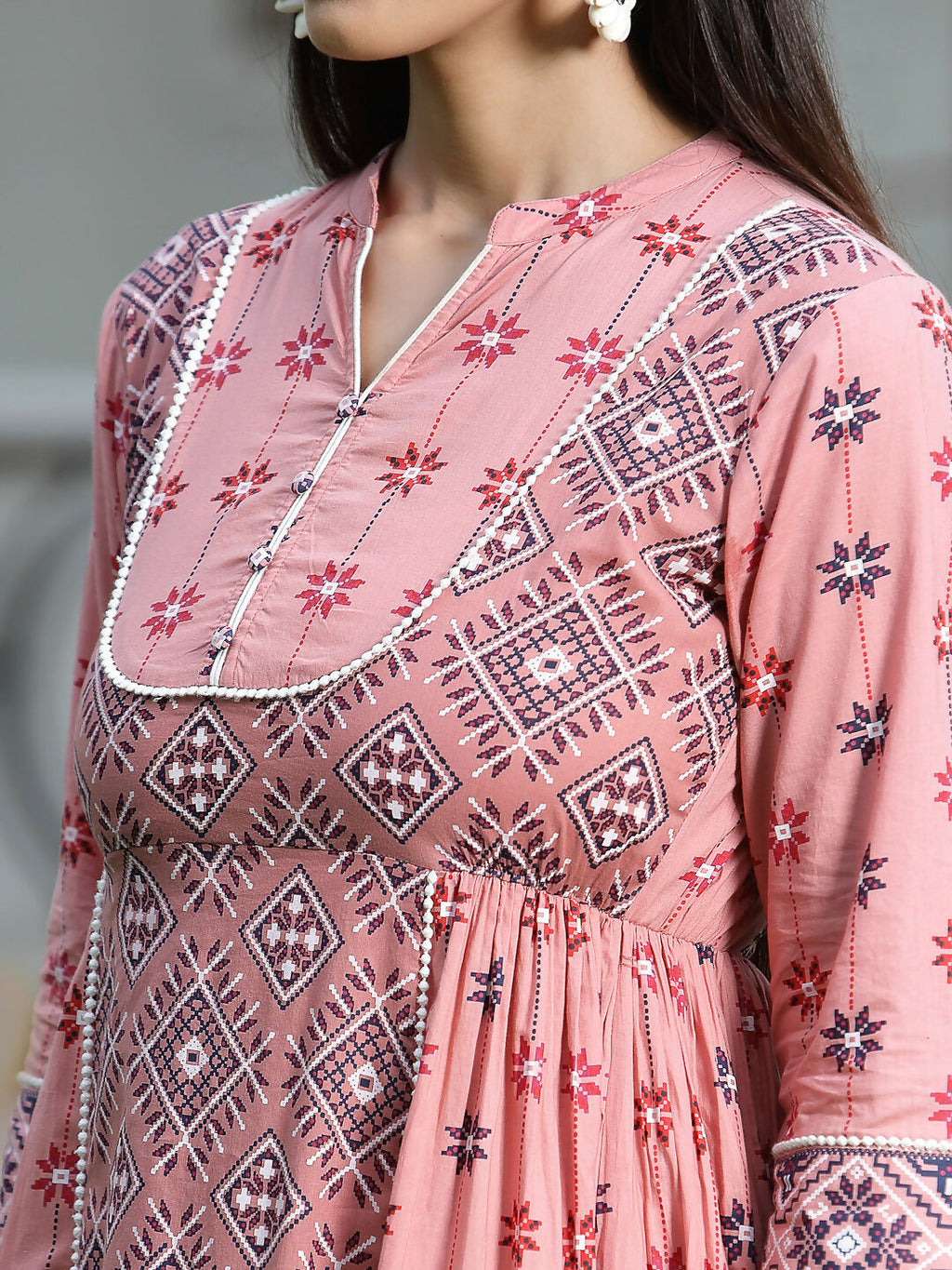 Juniper Peach Geometric Printed Pure Cotton Maxi Dress With Lace Work | Grocsy