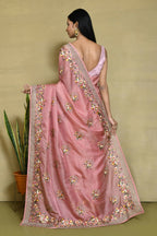 Pink Net Organza Silk Thread Emboidered with Stone Work Saree - Nimaya Benzy | Grocsy