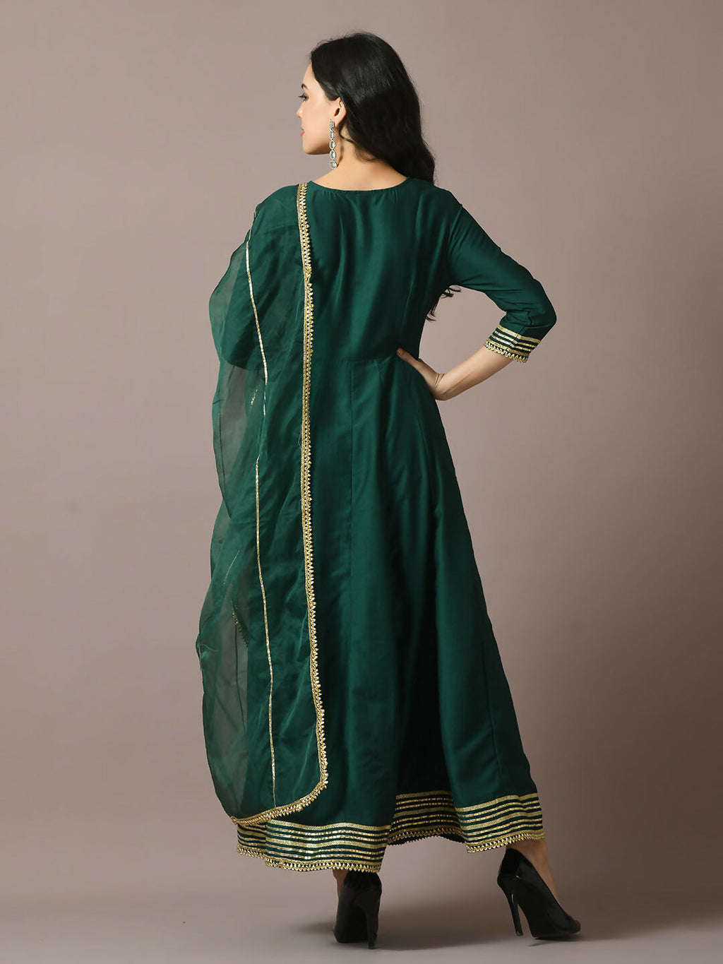 Myshka Women's Green Solid Silk Anarkali Party Kurta With Dupatta | Grocsy