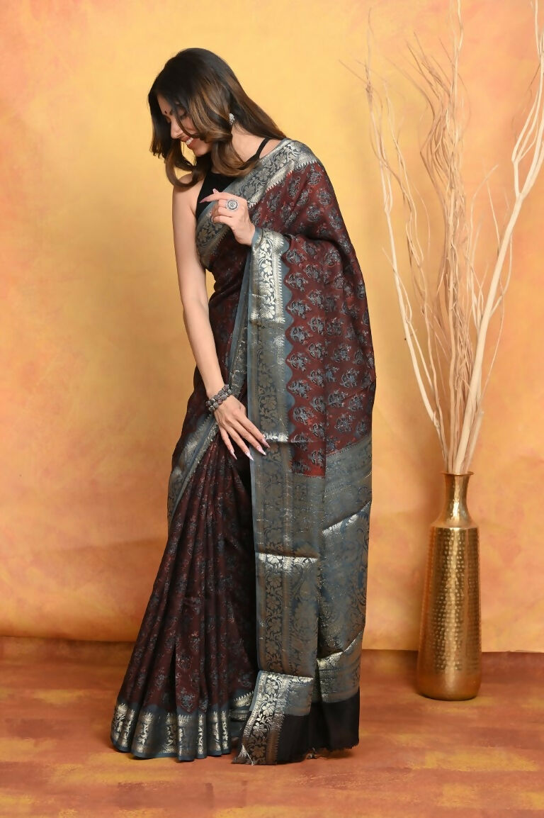 Very Much Indian Modal Silk Ajrakh Handblock Printed Natural Dyes With Designer Border Saree - Dark Maroon | Grocsy