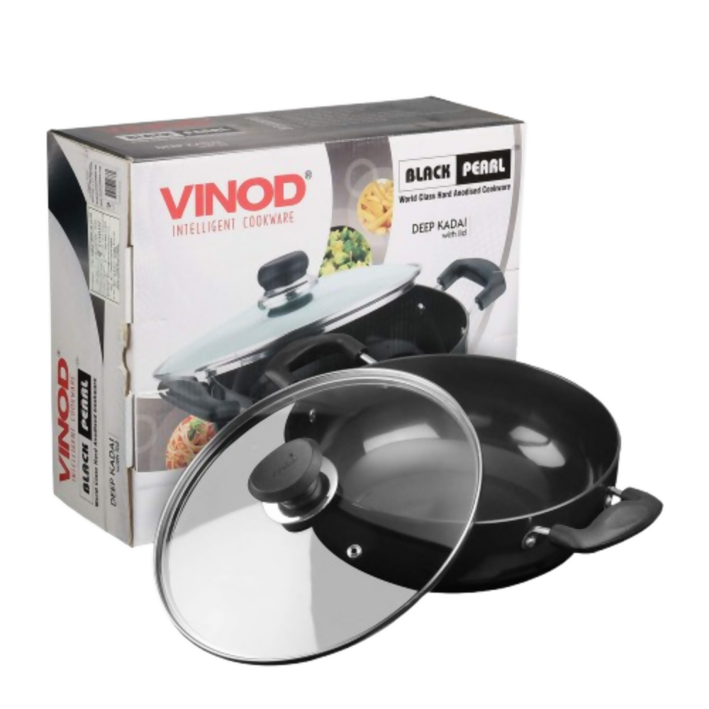 Vinod Black Pearl Hard Anodised Non Stick Deep Kadai with Glass Lid - 24 cm | Grocsy