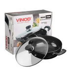 Vinod Black Pearl Hard Anodised Non Stick Deep Kadai with Glass Lid - 24 cm | Grocsy