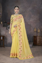 Vastranavya Gold Soft Crush Georgette Thread Embroidery work of Leaf Pattern with Patched Lace Border Saree | Grocsy