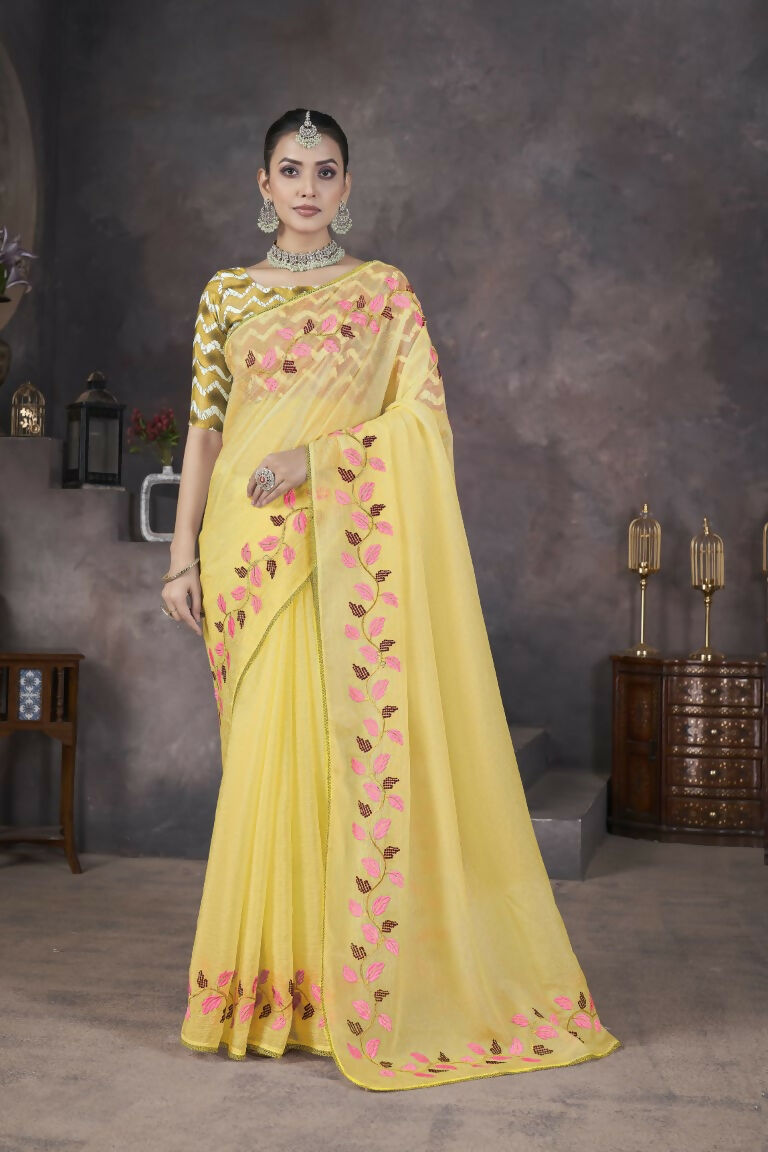 Vastranavya Gold Soft Crush Georgette Thread Embroidery work of Leaf Pattern with Patched Lace Border Saree | Grocsy