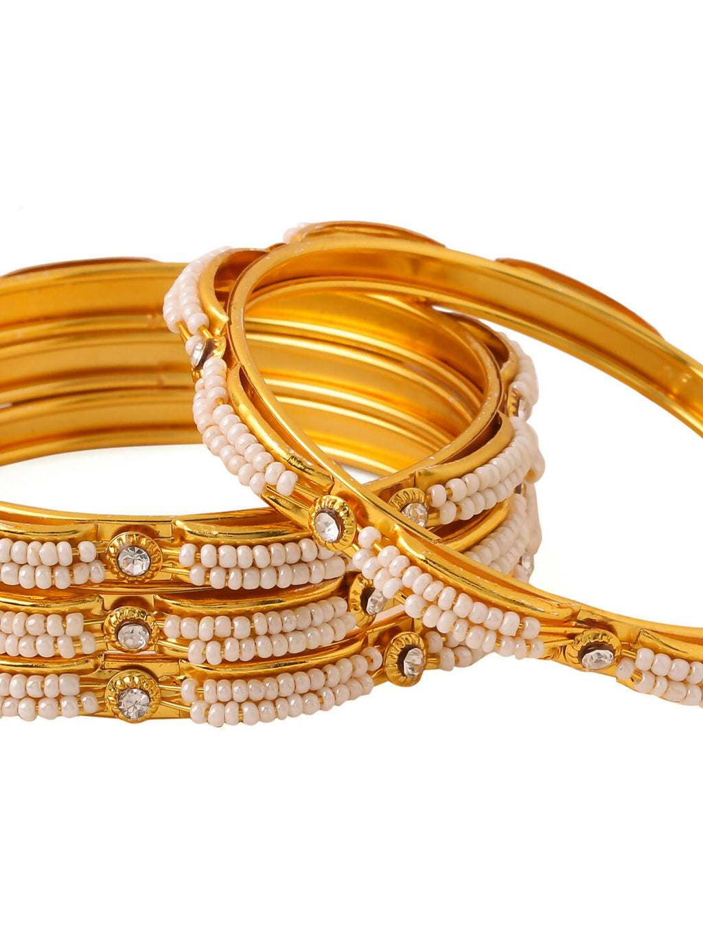 NVR Women's Set of 4 Gold-Polished Traditional Pearls Beaded Bangles