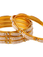 NVR Women's Set of 4 Gold-Polished Traditional Pearls Beaded Bangles