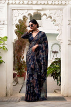 Vastranavya Navy Blue Lurex Brasso Floral Printed Saree with Unstitched Blouse | Grocsy