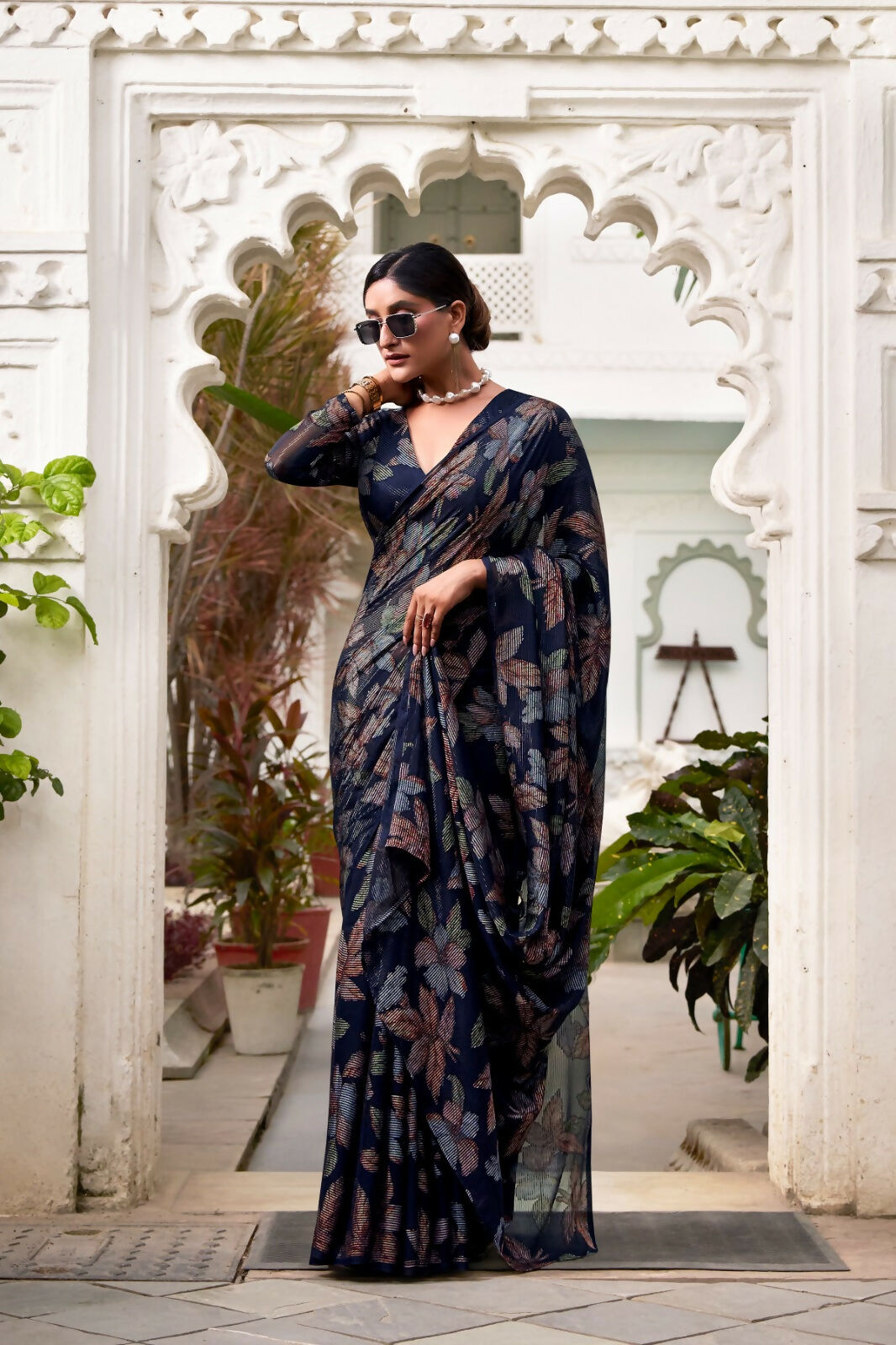 Vastranavya Navy Blue Lurex Brasso Floral Printed Saree with Unstitched Blouse | Grocsy