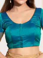 Joban Fashion Fire Blue Taffeta Silk Padded Blouse With Round Neck Elbow Sleeves | Grocsy