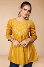 Women's Mustard Viscose blend Embroidered Short Top - Marina | Grocsy