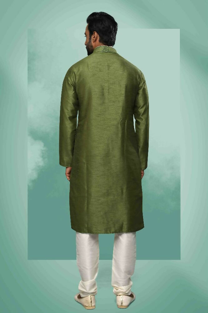 Raivat Ethnic Art Silk Mirror Embroidery Work Kurta Pajama In Green Colour | Grocsy