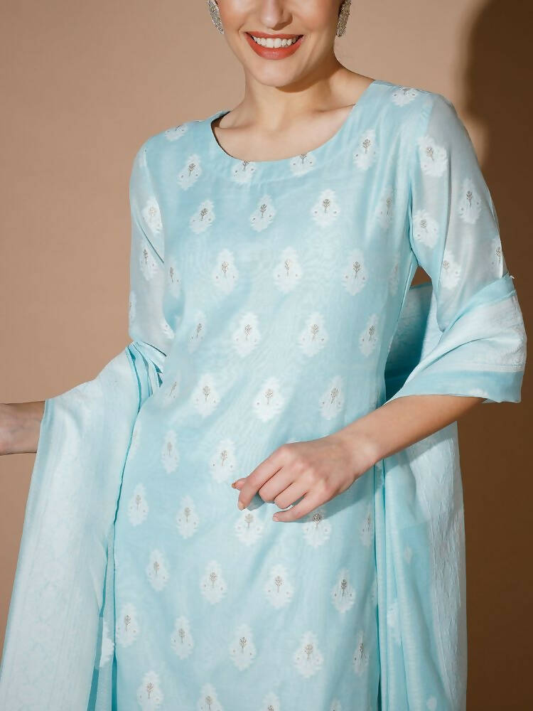 Myshka Women Blue Printed Kurta & Palazzos With Dupatta | Grocsy