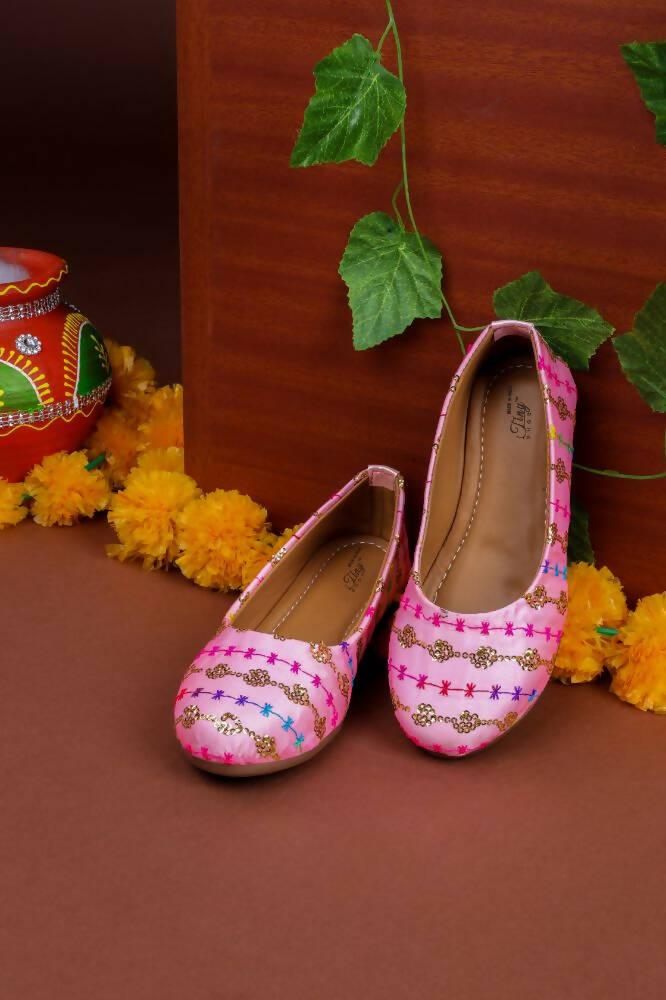Tiny Bugs Girls Embroidered Ethnic Ballerinas-Pink | Grocsy
