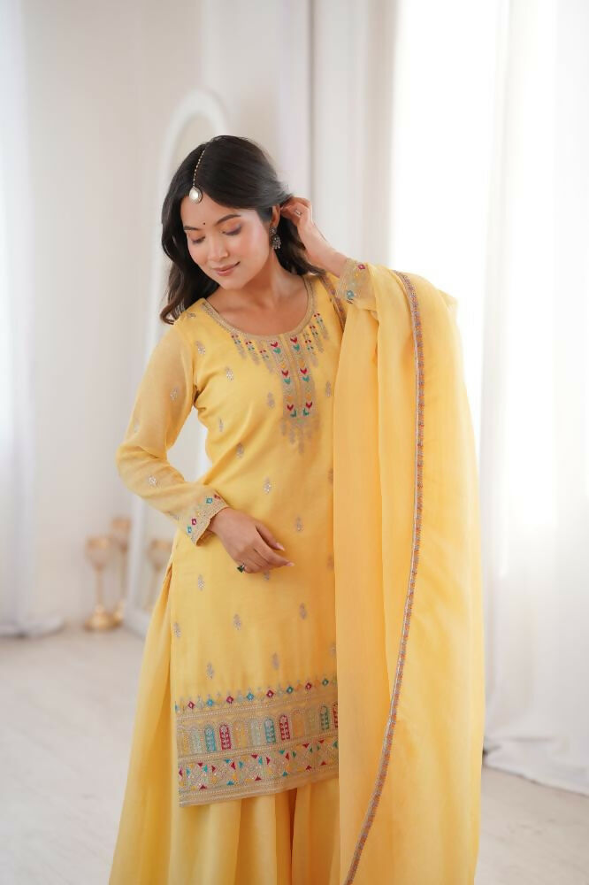 Lehenga Mart Designer Sharara Suit With Kurta, Sharara, Dupatta For Women-Yellow | Grocsy