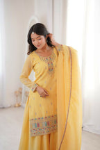 Lehenga Mart Designer Sharara Suit With Kurta, Sharara, Dupatta For Women-Yellow | Grocsy