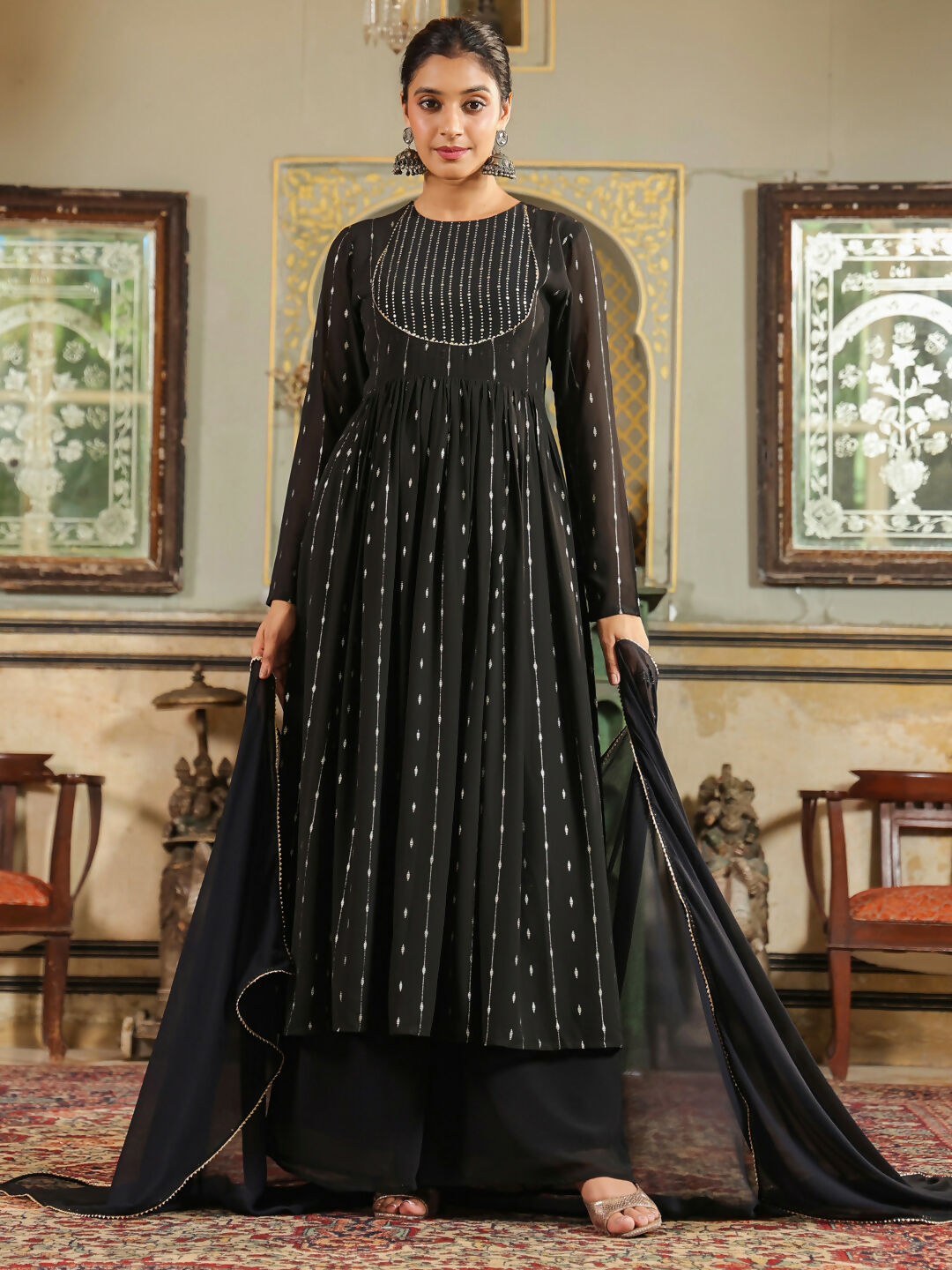 Janasya Black Georgette Foil Print Kurta,Bottom & Dupatta | Grocsy