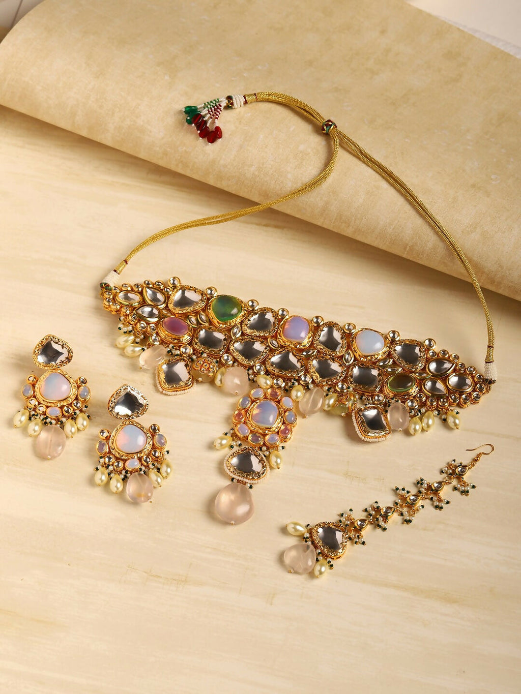 Multi Stone Maharani Kundan Neckpiece with Earrings and Maang Tikka- Ruby Raang | Grocsy