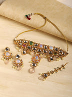 Multi Stone Maharani Kundan Neckpiece with Earrings and Maang Tikka- Ruby Raang | Grocsy