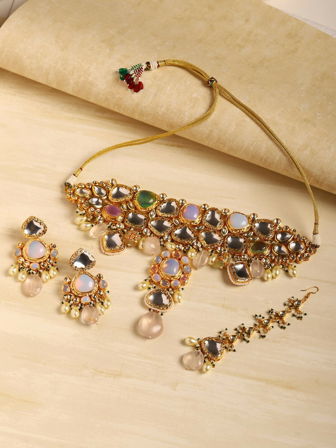 Multi Stone Maharani Kundan Neckpiece with Earrings and Maang Tikka- Ruby Raang | Grocsy