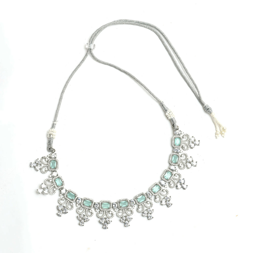 Mominos Fashion Johar Kamal Silver-Plated American Diamond Pista Green Choker Set | Grocsy