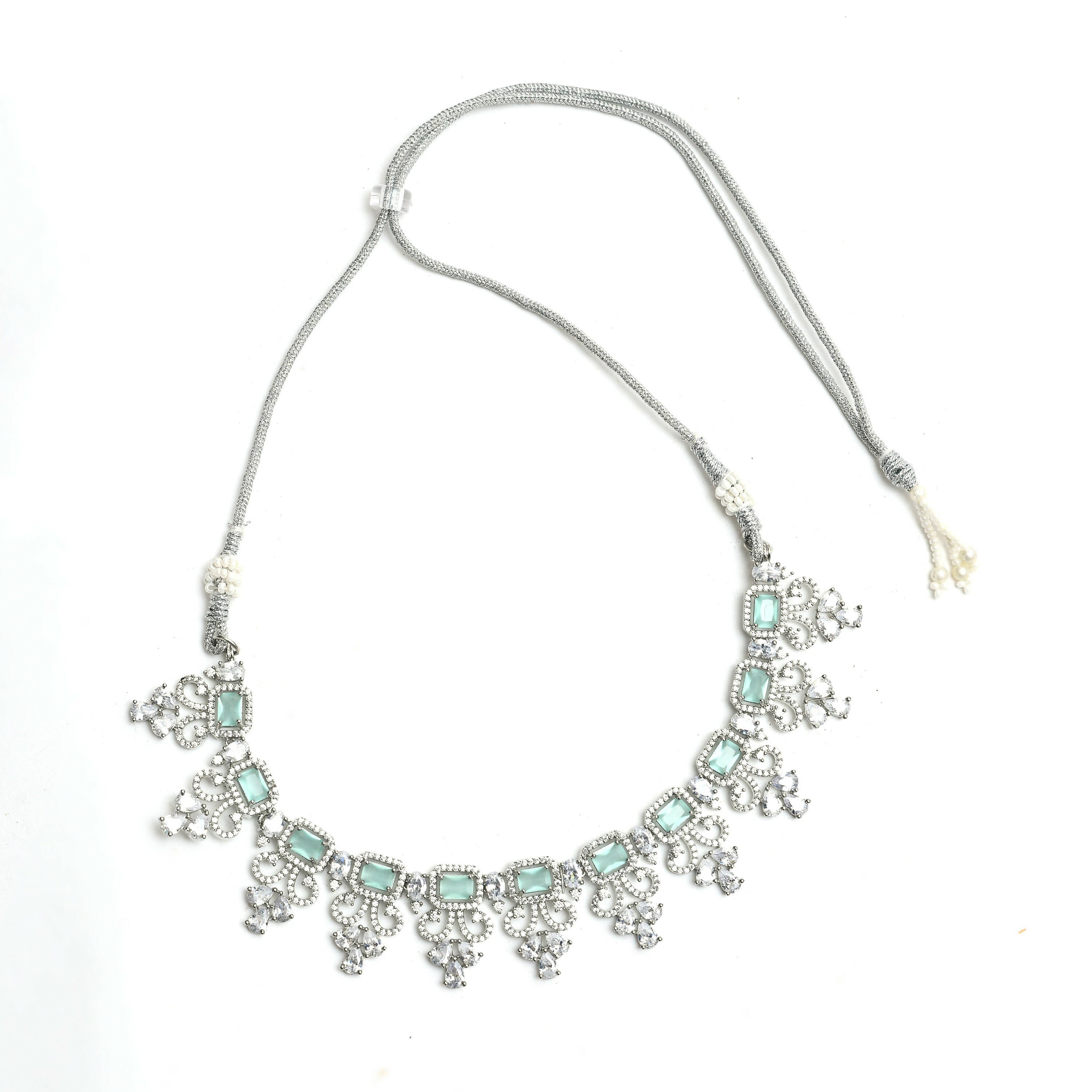 Mominos Fashion Johar Kamal Silver-Plated American Diamond Pista Green Choker Set | Grocsy