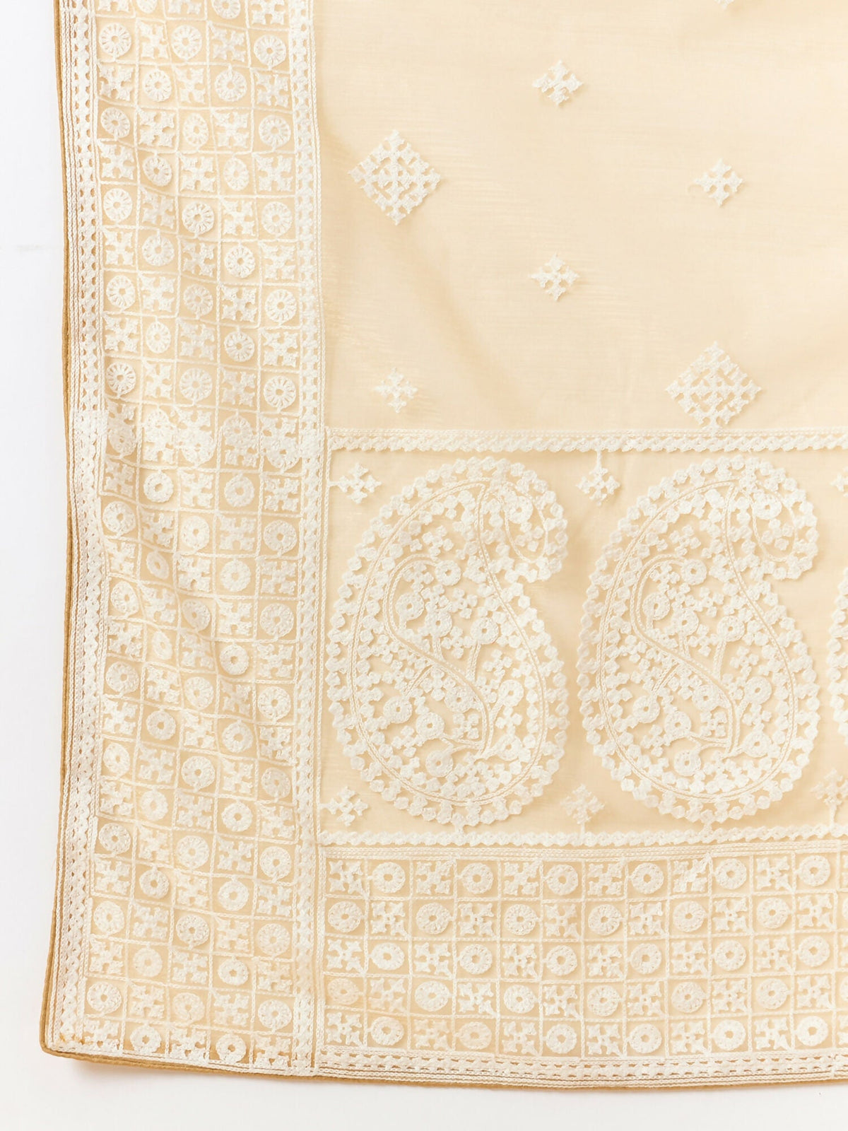Beige Organza Geometric Embroidered Saree with Unstitched Blouse Piece - Roozal | Grocsy