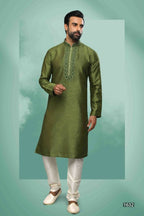 Raivat Ethnic Art Silk Mirror Embroidery Work Kurta Pajama In Green Colour | Grocsy