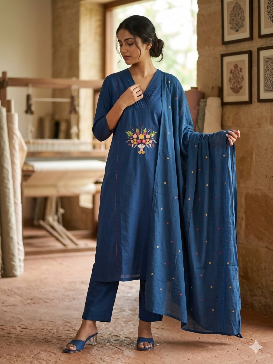 Teeya Creation Indigo Blue Straight Kurta Pant Set With Matching Dupatta | Grocsy