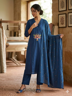 Teeya Creation Indigo Blue Straight Kurta Pant Set With Matching Dupatta | Grocsy