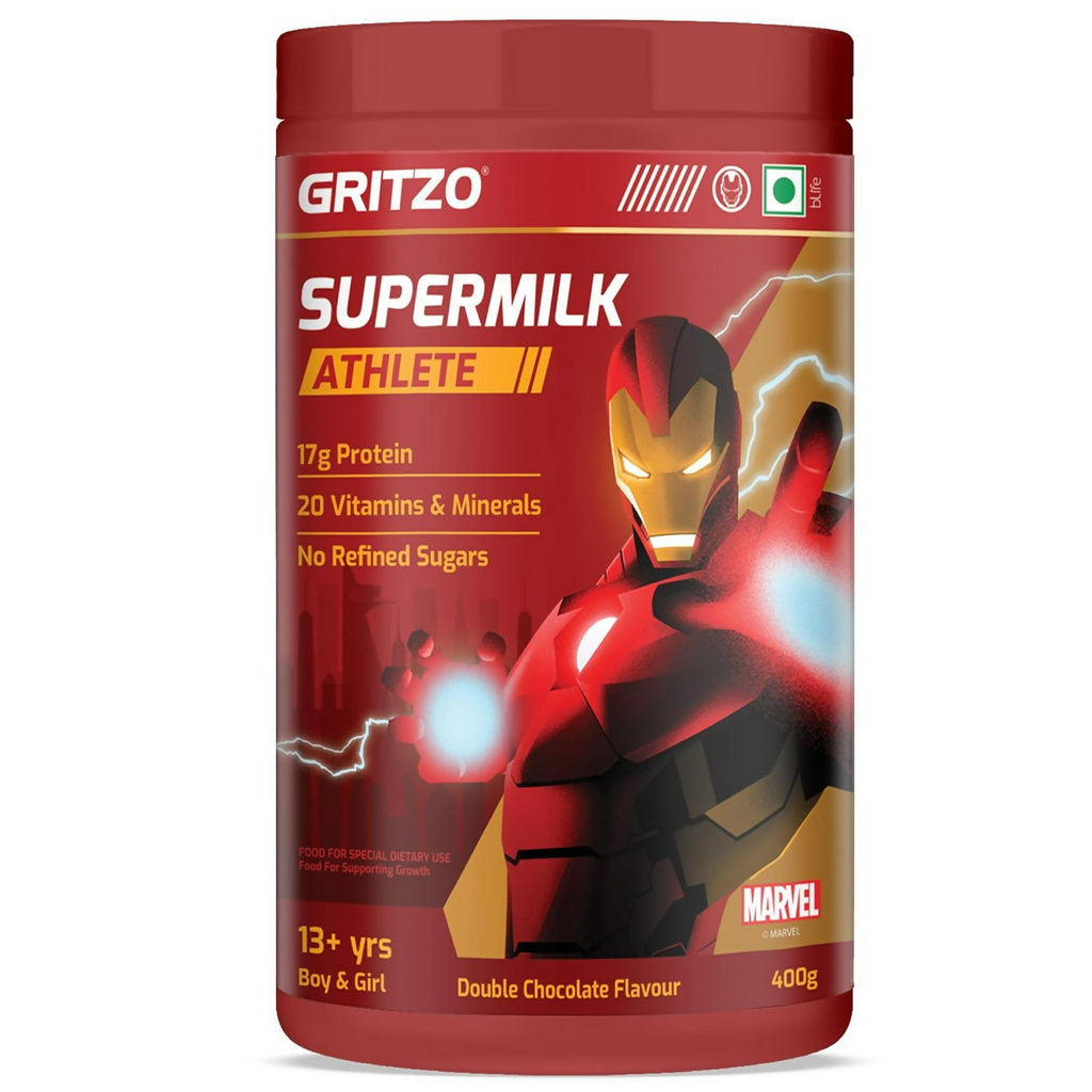 Gritzo SuperMilk Athlete Iron Man (13+y Boy & Girl), 17g Protein Powder (Double Chocolate) | Grocsy