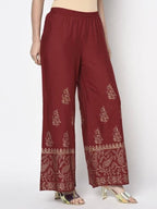 Aniyah Rayon Maroon Color Block Print Flared Slip-On Palazzo (AN-213K) | Grocsy