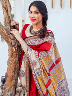 Zibaa Hand-Blocked Pure Maheshwari Silk Red Saree | Grocsy