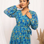 FIORRA Women's Navy Blue Georgette Floral Printed Western Dress | Grocsy