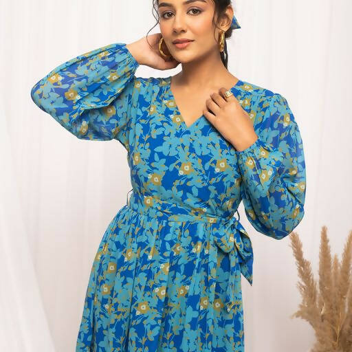 FIORRA Women's Navy Blue Georgette Floral Printed Western Dress | Grocsy