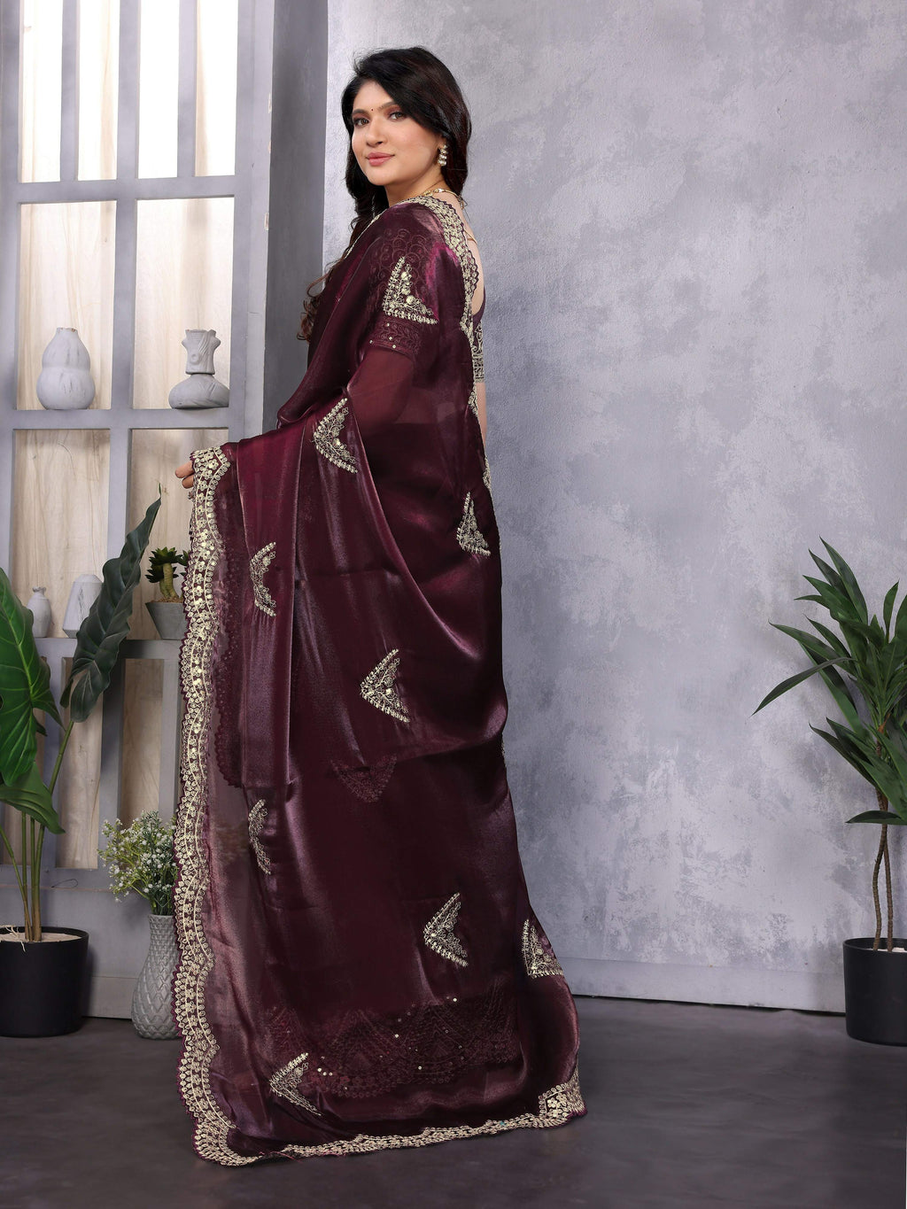 Vastranavya Wine Embroidery Work Shimmer Chiffon Saree with Unstitched Blouse | Grocsy