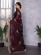 Vastranavya Wine Embroidery Work Shimmer Chiffon Saree with Unstitched Blouse | Grocsy