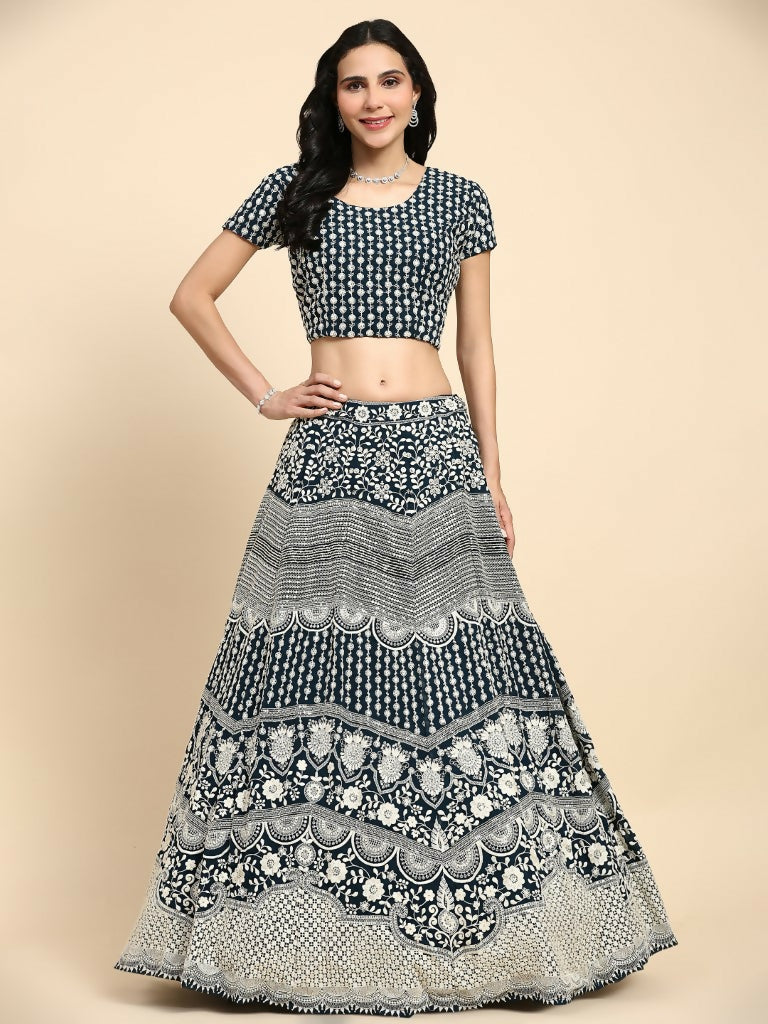 Blue Georgette Thread Embroidered Lehenga Choli with Dupatta - Tanya | Grocsy