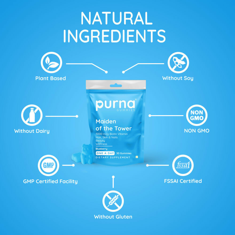 Purna Gummies Biotin Blueberry Flavour Gummies with Vitamin B 12 for Stronger Hair and Nails | Grocsy