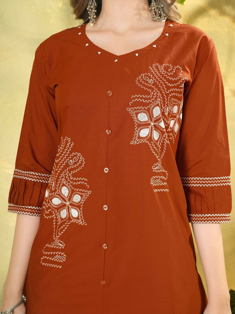 Teeya Creation Orange Embroidered Cotton Co-ord Set for Women | Grocsy