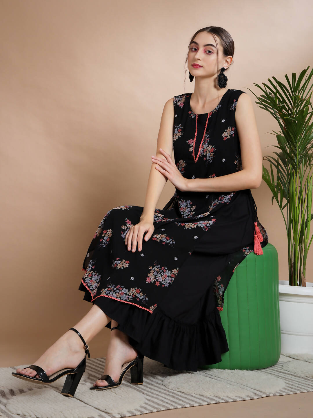 Myshka Women's Black Floral Printed Gown Dress | Grocsy