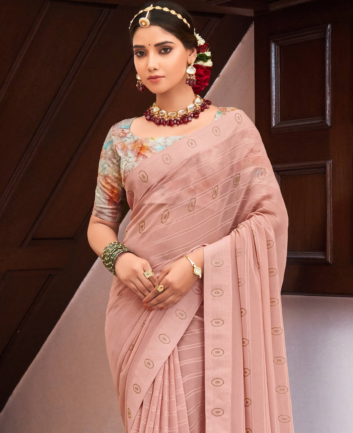Peach Georgette Swaroski Work Saree With Unstitched Blouse Piece - Juhi | Grocsy