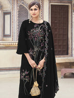 Jyoti Fashion Women's Black Velvet Resham Thread with Jari & Sequin Kurta with Trouser & Dupatta | Grocsy
