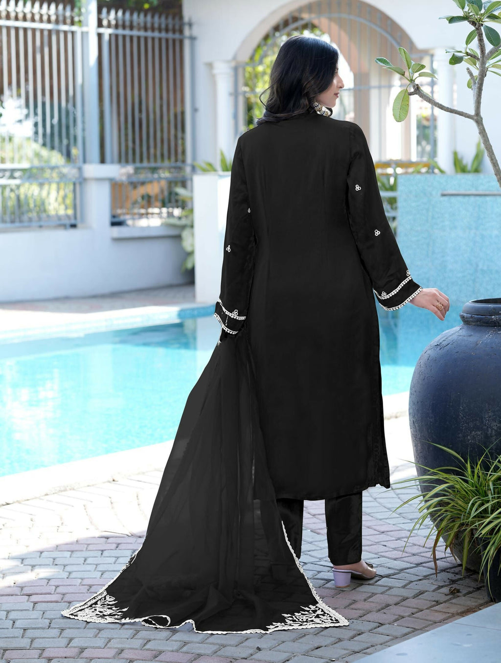 Nikhaar Black Embroidered Modal Silk Stitched Straight Cut Kurta Pants Dupatta Readymade Suit | Grocsy