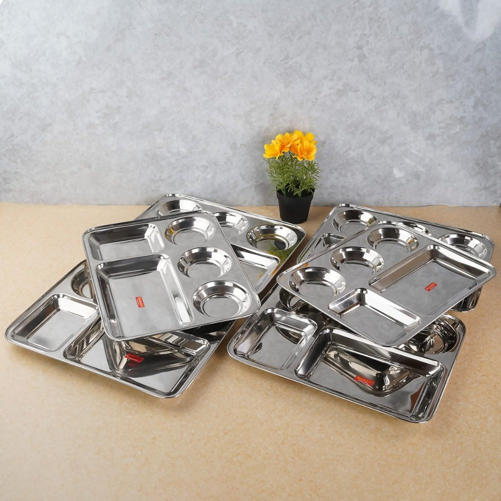 Sumeet Stainless Steel Rectangular 5 in 1 Compartment Lunch/Dinner Plate - small | Grocsy