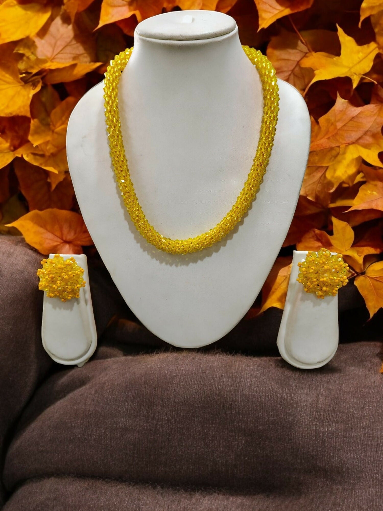 Inhanns Noor-E-Jalwa – Handmade Crystal Bead Necklace / Necklace With Earrings -Adjustable - Yellow | Grocsy