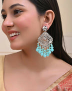 VOJ Gold-Polished Kundan And Teal Stone Studded Drop Earrings
