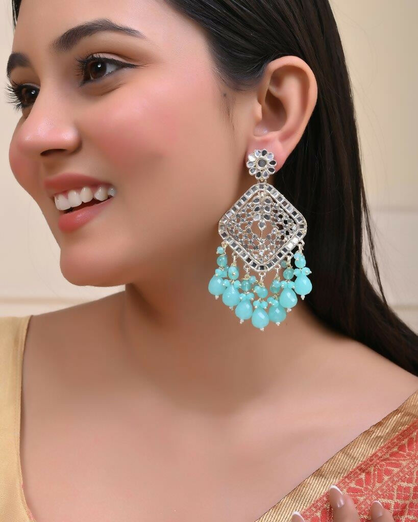 VOJ Gold-Polished Kundan And Teal Stone Studded Drop Earrings
