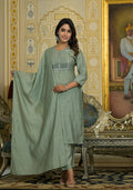 Juniper Women's Mint Viscose Zari & Thread Embroidered Kurta Pant And Dupatta Set With Sequins | Grocsy