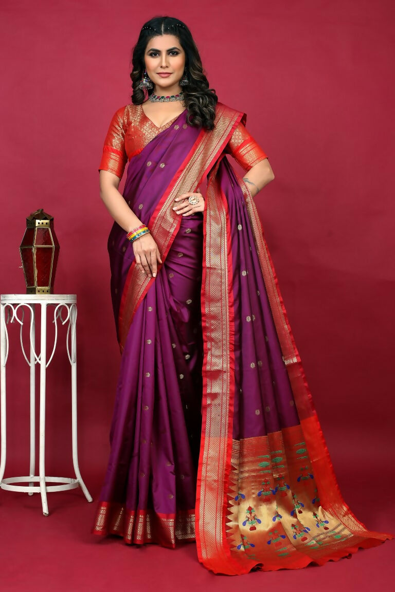 Jyoti Fashion Women's Purple Paithani Silk Zari Woven Saree with Blouse | Grocsy